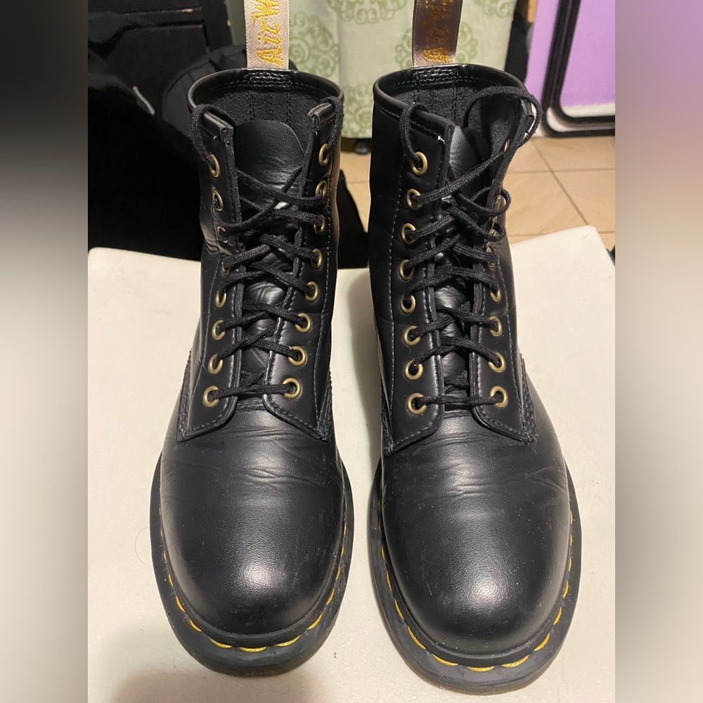 Dr. Martens Black Leather Lace-Up Boots with Yellow Stitching